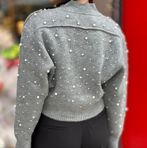 Zara Pearl Knit Bomber Sweater Zip Up - Picture 3 of 13
